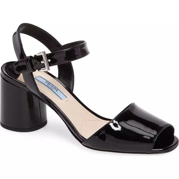 PRADA Round Heel Ankle Strap Slingback Sandal Shoe 37 (6.5 US) black patent - Picture 1 of 4
